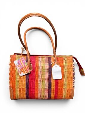 Striped Woven Tote Bag in Orange, Red and Tan